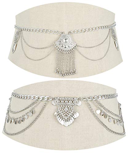 Tornito 2 PCS Waist Belt Chain Vintage Dangle Dancing Tassel Body Chain Bikini Beach Body Jewelry for Women Silver Gold Tone - color: B:2pcs,Silver Tone