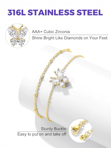 Richsteel Double Layer Heart/Butterfly Birthstone Anklet for Women | Non Tarnish Waterproof, Silver/Gold/Black Stainless Steel 8.5-10.5 Inch Adjustable Chain Anklets Summer Beach Foot Jewelry - color: Gold Butterfly-04 Apr.(Diamond)
