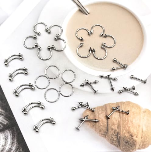 40Pcs Surgical Steel Lip Rings Labret Monroe Barbell Daith Tragus Helix Piercing Septum Nose Ring Eyebrow Body Jewelry for Women Men - color: Silver