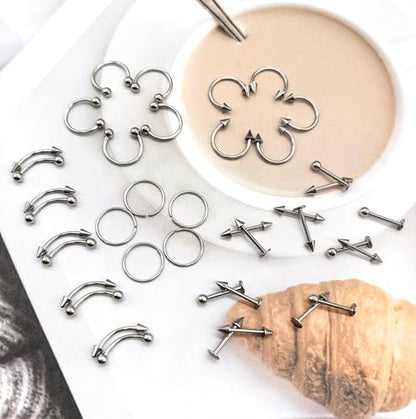 40Pcs Surgical Steel Lip Rings Labret Monroe Barbell Daith Tragus Helix Piercing Septum Nose Ring Eyebrow Body Jewelry for Women Men - color: Silver
