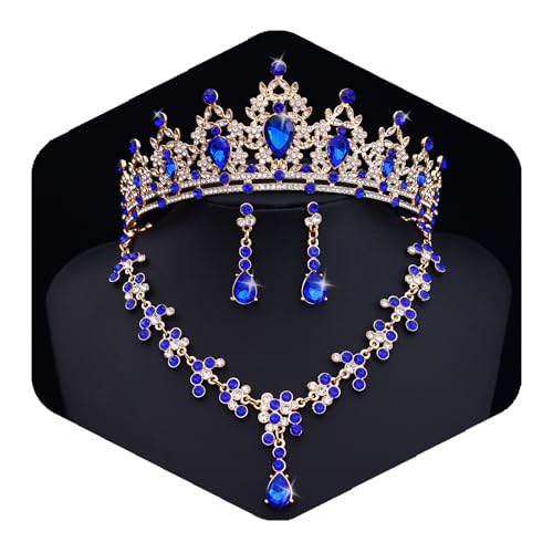 Crystal Crown and Tiara Jewelry Set for Women Bride with Necklace Earrings | Metal Rhinestone Royal Queen Princess Jewelry Set Wedding Quinceanera Pageant Prom Birthday Halloween Party Costume Gift - color: Blue