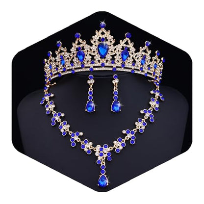 Crystal Crown and Tiara Jewelry Set for Women Bride with Necklace Earrings | Metal Rhinestone Royal Queen Princess Jewelry Set Wedding Quinceanera Pageant Prom Birthday Halloween Party Costume Gift - color: Blue