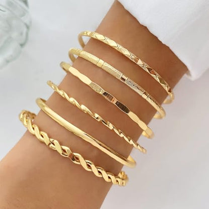 IFKM Gold Bangle Bracelets For Women, 14k Gold Plated Multi Layer Stackable Cuff Bracelet Set, Trendy Elegance Charms Non Tarnish Minimalist Textured Boho Jewelry Gift for Women - style: 6pcs Rhombus smooth intersect