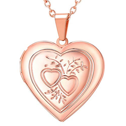 U7 Women Locket Necklace, Heart Photo Lockets Hold Picture, Gift Box Packed | Gold/Silver/Rose Locket Charm, Custom Picture and Engravement Heart Pendant, 20" Chain, Personalized Gift for Mom Wife Friend - color: 03# Rose Gold*2 Heart