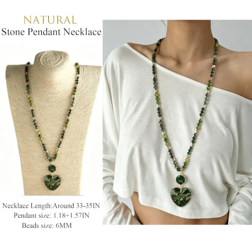 Yomisa Long Necklaces for Women Trendy, 33/34/35 inch | Boho Beaded Necklaces for Women, Natural Stone Pendant, Handmade Knotted Bead, Bohemian Holiday Summer Western Charm Jewelry - color: Love-Green
