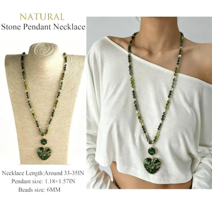 Yomisa Long Necklaces for Women Trendy, 33/34/35 inch | Boho Beaded Necklaces for Women, Natural Stone Pendant, Handmade Knotted Bead, Bohemian Holiday Summer Western Charm Jewelry - color: Love-Green
