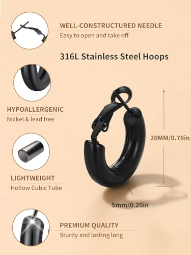 FindChic Hoop Earrings for Women, Silver/Black/14K Gold Plated Hypoallergenic Hollow Round Tube Loop Earrings, 20mm/30mm/40mm/60mm/80mm Chunky Hoops with Custom Name Options & Gift Box - color: a.Black, size: 20MM