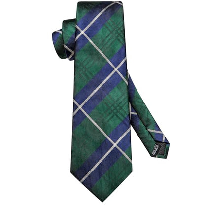Hi-Tie Men 63inches Tie Set Extra Long Necktie Paisley Tie Pocket Suqare Cufflinks Big and Tall Men Tie - color: Blue Green Plaid