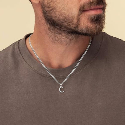 Silver Initial Necklace for Men Letter Pendant Cuban Link Chain | Stainless Steel 4mm 20 Inch Chain Non Tarnish Silver Plated A-Z Capital Name Charm Custom Personalized Jewelry Gift for Man - style: Silver:C