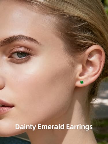 Neshat Tiny Birthstone Earrings for Women, 925 Sterling Silver Bezel Crystal Stud Earrings, 4mm Minimalist Sapphire/Amethyst/Aquamarine/Emerald Earrings Studs - style: 05. May-Created Emerald