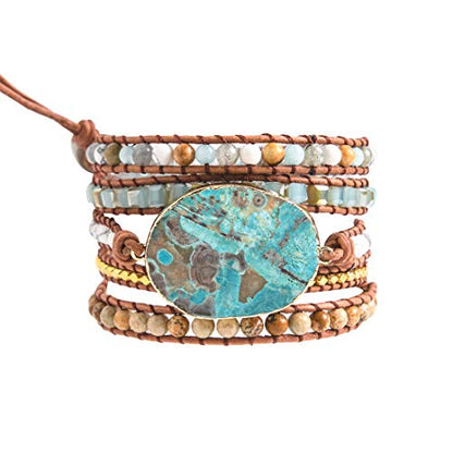 YGLINE Boho Handmade Wrap Leather Tube Crystal Stone Bracelet for Women - color: Jasper-5w