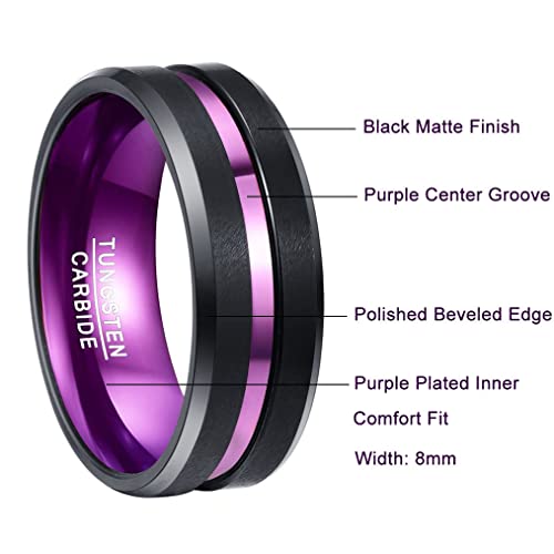 NUNCAD 8mm Men's Tungsten Rings Multi-Color/Green/Purple Plated Grooved Black Matte Finish Beveled Edges Size 4 to 16 - color: Purple Grooved