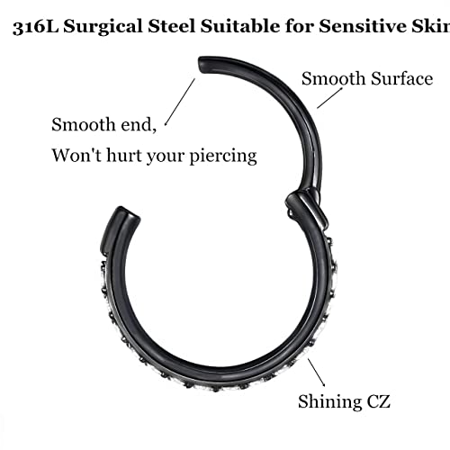 CZ Hinged Segment Nose Rings Hoop 316L Surgical Steel Cubic Zirconia Conch Daith Helix Tragus Body Piercing Jewelry Lip Rings Cartilage Earrings 20G 18G 16G Stainless Steel Septum Clicker Ring - color: Black, size: 20 Gauge 7mm