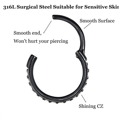 CZ Hinged Segment Nose Rings Hoop 316L Surgical Steel Cubic Zirconia Conch Daith Helix Tragus Body Piercing Jewelry Lip Rings Cartilage Earrings 20G 18G 16G Stainless Steel Septum Clicker Ring - color: Black, size: 20 Gauge 7mm