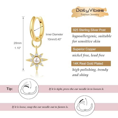 DAILY VIBES Cute Butterfly Star Cross Heart CZ Dangle Earrings for Women | 925 Sterling Silver Post, 14K Gold or Silver Plated, Mini Cubic Zirconia Dainty Drop, Cartilage Small Huggie Hoop Earrings - color: Gold North Star CZ