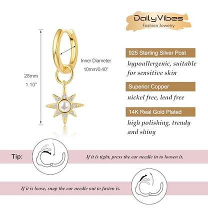 DAILY VIBES Cute Butterfly Star Cross Heart CZ Dangle Earrings for Women | 925 Sterling Silver Post, 14K Gold or Silver Plated, Mini Cubic Zirconia Dainty Drop, Cartilage Small Huggie Hoop Earrings - color: Gold North Star CZ