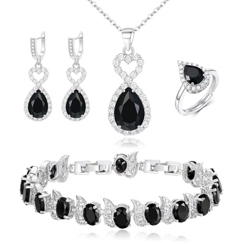 Wedding Jewelry Set for Women Bride Bridesmaid | Gorgeous Cubic Zirconia Teardrop Necklace Earrings Bracelet Adjustable Ring Jewelry Gift for Birthday/Anniversary - color: Heart-Black