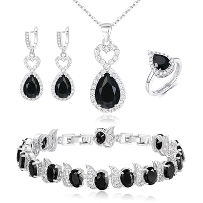 Wedding Jewelry Set for Women Bride Bridesmaid | Gorgeous Cubic Zirconia Teardrop Necklace Earrings Bracelet Adjustable Ring Jewelry Gift for Birthday/Anniversary - color: Heart-Black