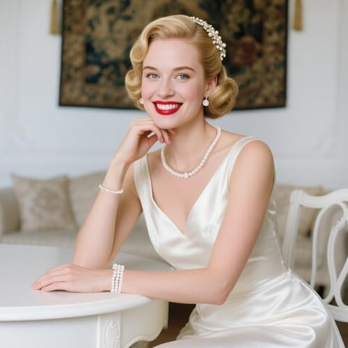 Faux Pearl Necklace and Earrings Set for Women Faux Pearl Bracelets Costume Jewelry Set for Wedding Bridal Birthday Party