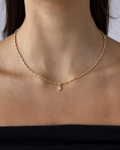 PAVOI 14K Gold Plated Dainty Bezel Set Solitaire Pendant Necklace for Women | Beaded Chain Necklace, Statement Necklace with Round, Princess, Marquise Cubic Zirconia Pendant - color: Yellow Gold, style: Marquise