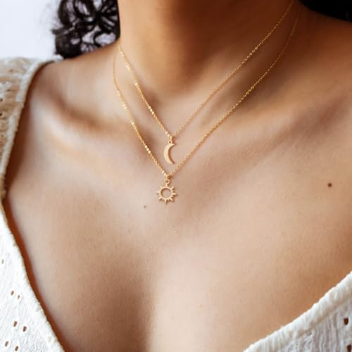 Dainty Gold Necklace: 14k Gold Plated Dianty Boots Bow Sun Moon Horse Evil Eye Conch Seahorse Necklace for Women 16.5"+2" - color: Sun&moon