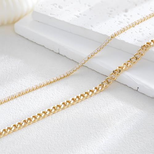 Robaice Adjustable Ankle Set for Women Waterproof, 14K Gold Plated | Layered Cuban, tennis, herringbone and clover chain styles, waterproof and non-tarnish for everyday wear or gifting - color: Mixed - Gold Cuban & Silver Tennis (2pcs)