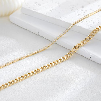Robaice Adjustable Ankle Set for Women Waterproof, 14K Gold Plated | Layered Cuban, tennis, herringbone and clover chain styles, waterproof and non-tarnish for everyday wear or gifting - color: Mixed - Gold Cuban & Silver Tennis (2pcs)