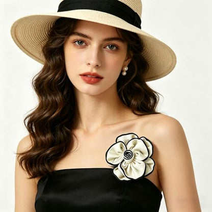 Camellia Flower Brooch Pin for Women Black Flower Brooches Large Fabric Flowers Brooch for Women Dress Accessorie - color: White flower brooch