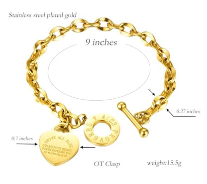 Heart Charm Bracelet Plated 18K Gold/Silver/Rose Gold Bible Scripture Heart Bracelet for Women Jewelry Gift Zircon Her Link Chain OT Clasp Stainless Steel Birthday - color: 18k Gold, size: 9.1 inch