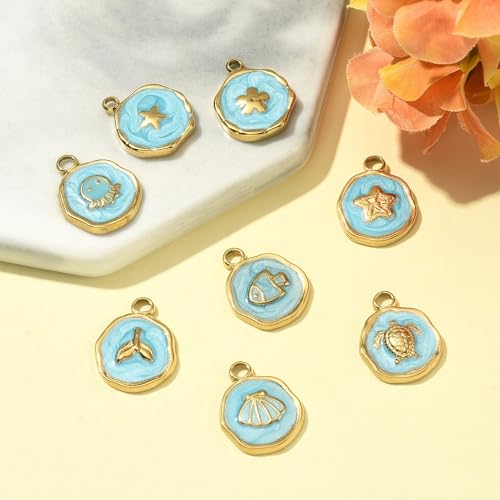 8-64Pcs Silver Goldern Color Heart Pendants Charms 10 Styles Heart Stainless Steel Metal Charms for Jewelry Making Crafting Necklaces Bracelets Earrings Keychains Birthday Gift - color: Flat ROund Sea Animal-8 pcs