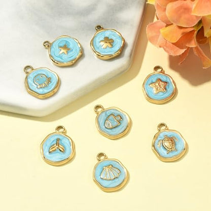 8-64Pcs Silver Goldern Color Heart Pendants Charms 10 Styles Heart Stainless Steel Metal Charms for Jewelry Making Crafting Necklaces Bracelets Earrings Keychains Birthday Gift - color: Flat ROund Sea Animal-8 pcs