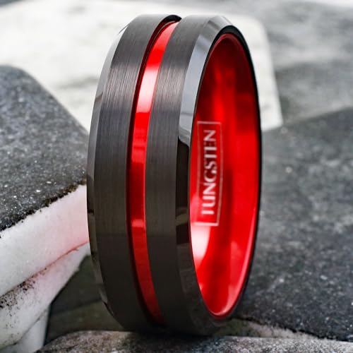 Awesome 6mm/8mm Brushed Satin Finish Black Tungsten Carbide Band Ring with Red Anodized Aluminum Inner Band & Recessed Stripe.