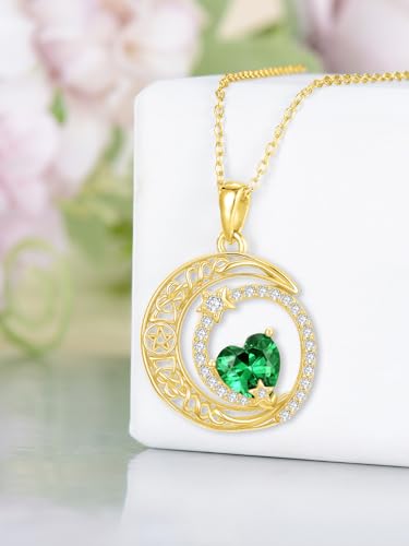 Midari 18K Yellow Gold Sun Moon Star Pendant Rose Flower Necklaces I Love You Forever Sun Moon Jewelry Gift for Mother Women - color: 05-May-Emerald, style: Moon&Star