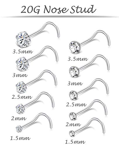 20G 10Pcs Stainless Steel L Screw Bone Shaped Nose Studs Rings Square Round CZ Nose Ring Labret Nose Piercing Jewelry for Men Women Silver Tone 1.5mm-2mm-2.5mm-3mm-3.5mm CZ - style: B:10Pcs,S Shaped