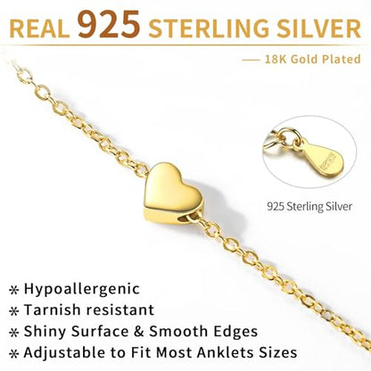 ChicSilver Personalized 925 Sterling Silver Tiny Heart/Moon/Star/Sun/Dot/Triangle Anklets Simple Dainty Foot Jewelry for Women, Silver/Gold Plated/Rose Gold Plated - style: Gold Heart
