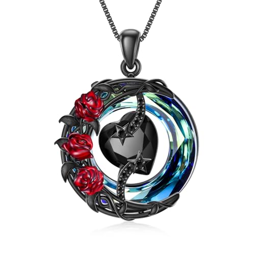 TOUPOP Birthstone Necklace Women Sterling Silver Moon Star Birthday Jewelry | Celtic Moon Pendant with Blue Crystal Anniversary Christmas Jewelry Gifts for Wife Mom Her - color: C-Black Crystal-Red Rose