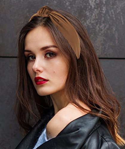 Women's Headbands: Brown Velvet Chic Knotted Top Knot, Trendy Fashion Designer Head Band - color: Brown