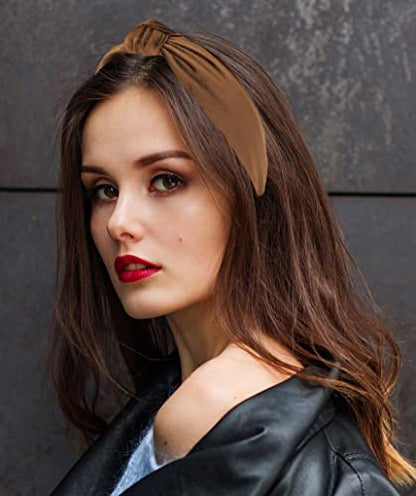 Women's Headbands: Brown Velvet Chic Knotted Top Knot, Trendy Fashion Designer Head Band - color: Brown