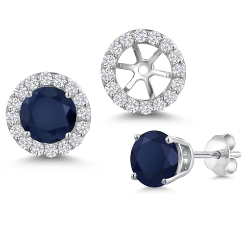 Gem Stone King 14K White Gold 6MM Round Gemstone Birthstone Stud Earrings with Removable Jackets and Lab Grown Diamond Accents | Gold Earrings For Women | Fine Jewelry Gift for Her Mom Women Wife - color: Blue Sapphire-September