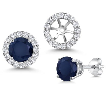 Gem Stone King 14K White Gold 6MM Round Gemstone Birthstone Stud Earrings with Removable Jackets and Lab Grown Diamond Accents | Gold Earrings For Women | Fine Jewelry Gift for Her Mom Women Wife - color: Blue Sapphire-September