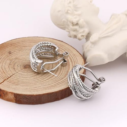 Mytys Two Tone Huggie Hoop Earrings Cross Over Design Twisted Rope Silver Gold Statement Wide Band Clip On Hoops for Women Fashion Jewelry Gift - color: Silver