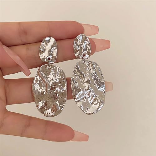 Large Geometric Drop Dangle Earrings for Women Pearl Teardrop Disc Rectangle Oval Fishtail Shell Shaped Textured Dangle Studs Earrings for Women - color: Silver-Oval