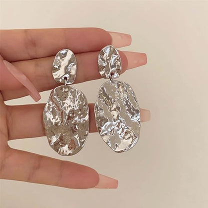 Large Geometric Drop Dangle Earrings for Women Pearl Teardrop Disc Rectangle Oval Fishtail Shell Shaped Textured Dangle Studs Earrings for Women - color: Silver-Oval
