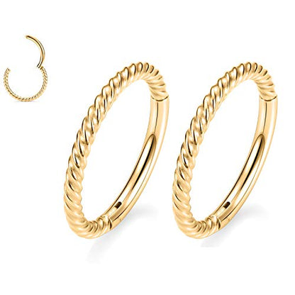 GAGABODY 2 Pcs Nose Rings 22G 20G 18G 16G 14G 12G 10G 8G Surgical Steel Piercing Rings for Nose Septum Cartilage Helix Tragus Conch Rook Daith Lobe from 5mm to 16mm Seamless Hoop Unisex Hinged Earrings - color: Gold -Twisted