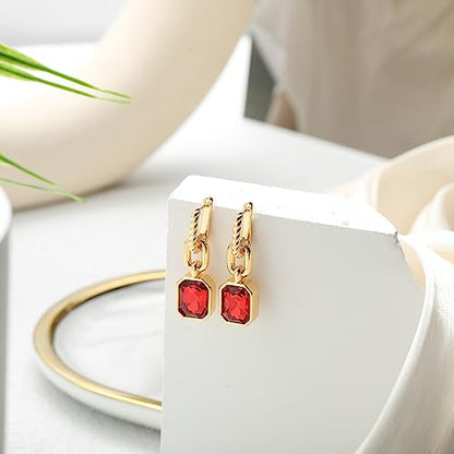 Birthstone Crystal Dangle Drop Earrings, 18K Gold Plated Huggie HoopEarring | Hypoallergenic Earring Jewelry Gifts for Women, Birthdays, anniversaries, weddings - color: Red-1