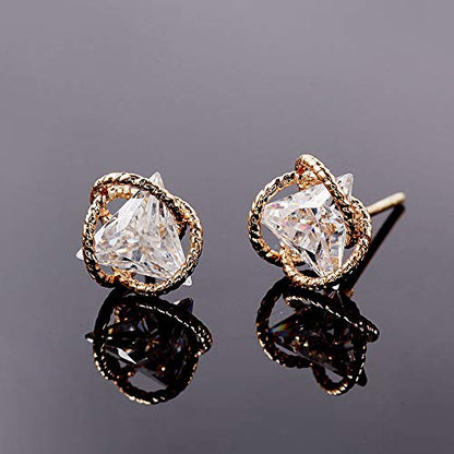 Geometric Triangle Cubic Zirconia Stud Earrings for Womens, Gold-Plated-Brass,…