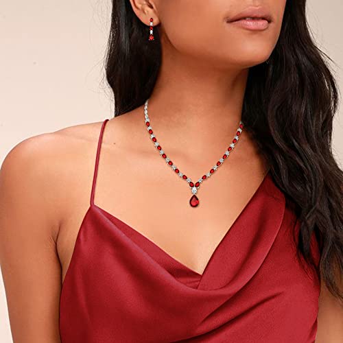 EVER FAITH Pear Shaped Cubic Zirconia Bridal Wedding Jewelry Set for Women | Gorgeous Water Drop Bride Necklace Dangle Earrings, for Bride Bridesmaid - color: Red