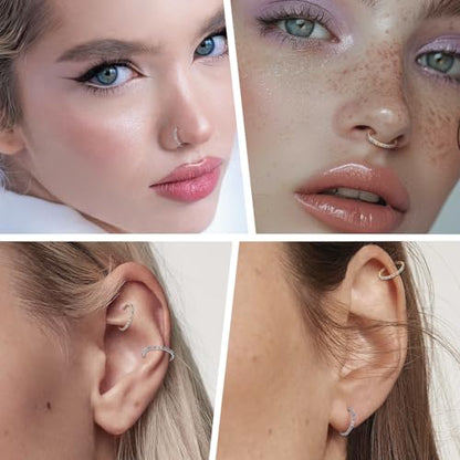 PEAKLINK 316L Surgical Steel Nose Ring Opal Nose Hoop Cartilage Earring Tragus Helix Conch Rook Daith Piercing Jewelry Lip Septum Piercing - color: Silver with Mix Color Opal