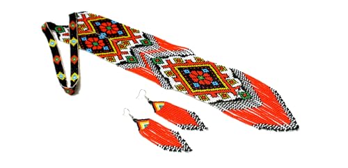 Long Beaded Necklace – Boho Native Handmade Seed Bead Tassel Necklace, Bohemian Large Statement Beaded Necklace for Women - color: Black Orange