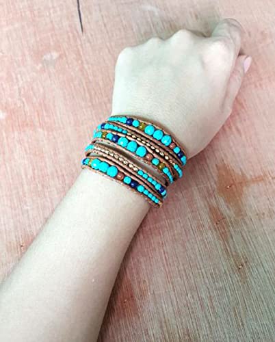 Boho Wrap Bead Bracelet for Women - Handmade Adjustable Natural Stone Beaded Bracelets Yoga Healing Bracelet Bangle Hippie Jewelry - color: Turquoise